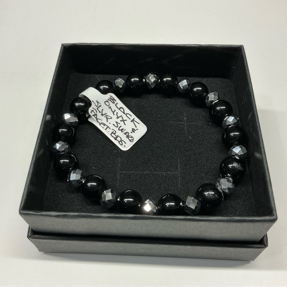Black Onyx & Silver Swarovski Faceted Beads Bracelet